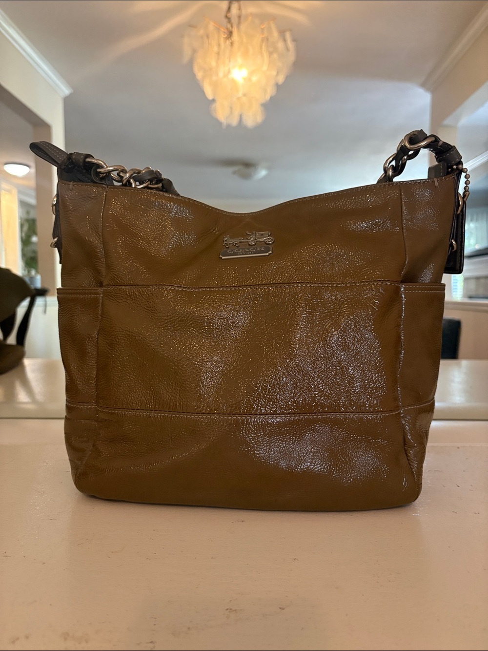 Coach Olive Brown Pebbled Leather Shoulder Bag with Chain Strap